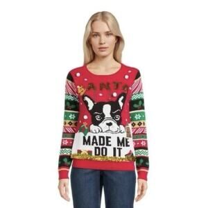 No Boundaries Ugly Christmas Sweater Juniors M (7-9) Boston Terrier Sparkly